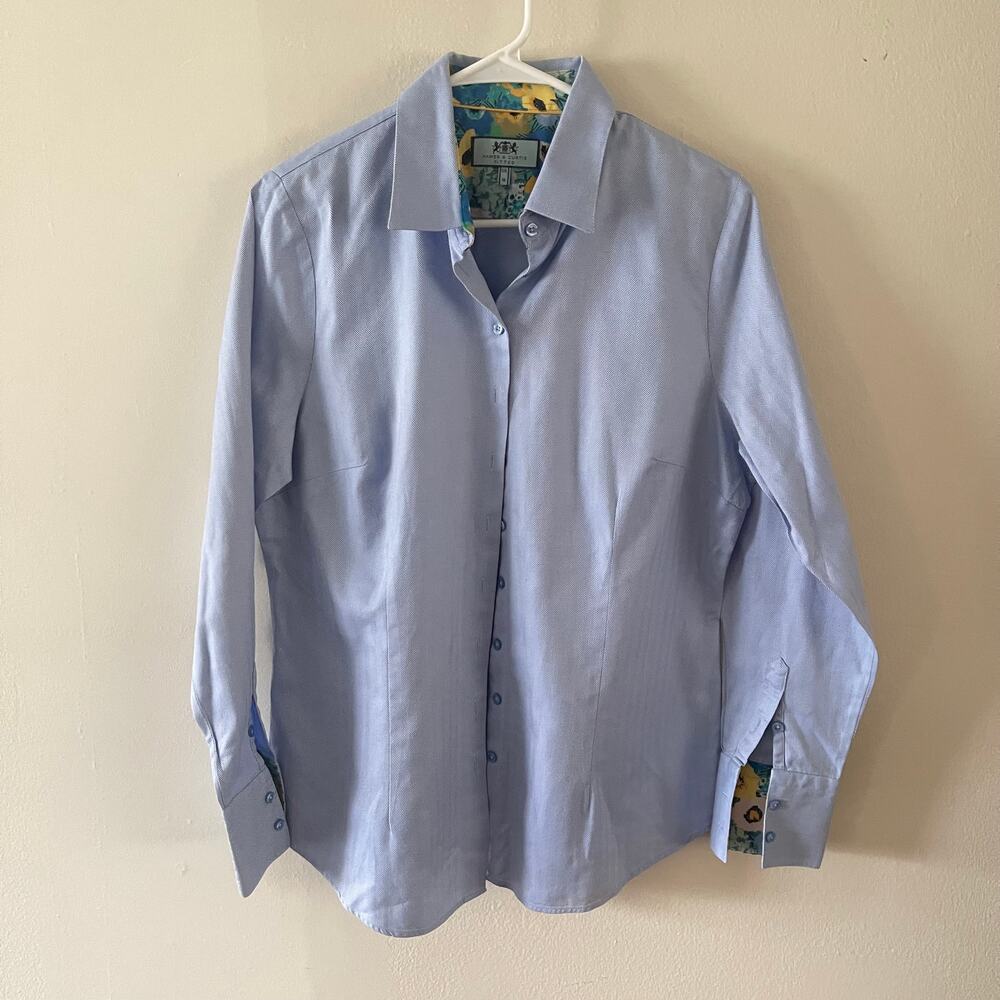 Hawes & Curtis Blue Fitted Button Up Shirt Contrast Cuffs Womens UK 16 US 12